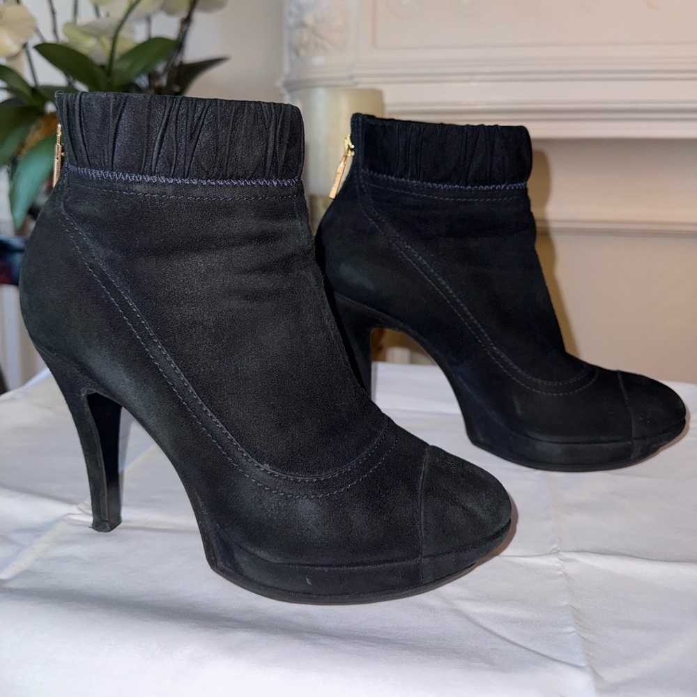 Chanel High Heel Platform Black Suede Leather Ankle Booties